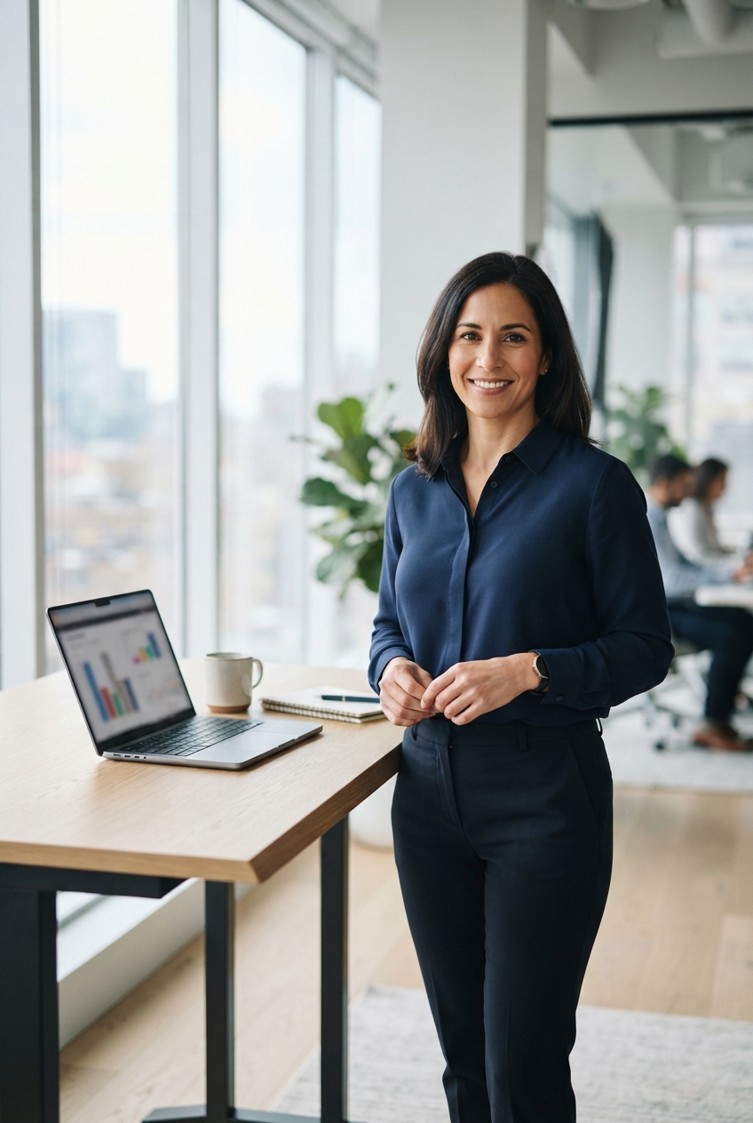 Smiling woman in navy clothing stands beside a desk with a laptop showing colorful charts in a bright office.